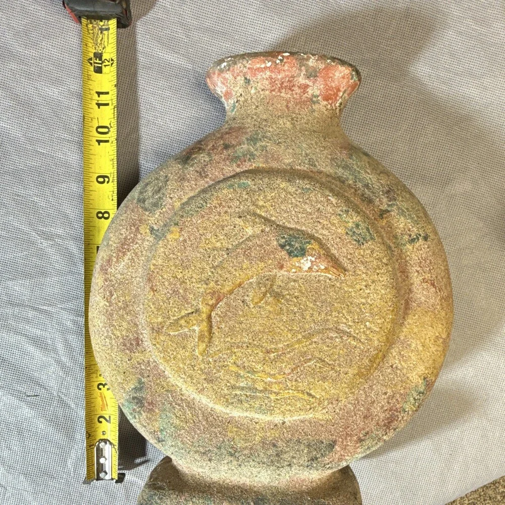 Mexico Art Pottery Textured Clay Vase Beige Red Green Impressed Backstamp